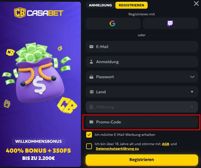 Casabet-Anmeldung